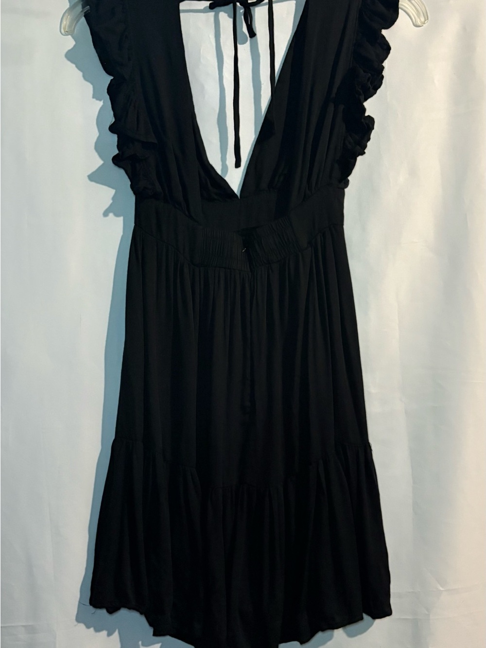 Malibu Bum Black Ruffle-Trim V-Neck Mini Dress Tie Back Size S